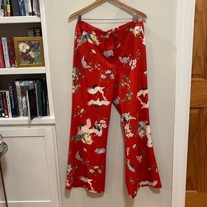 Iris Apfel Vibrant Red Floral Bird Print Pants